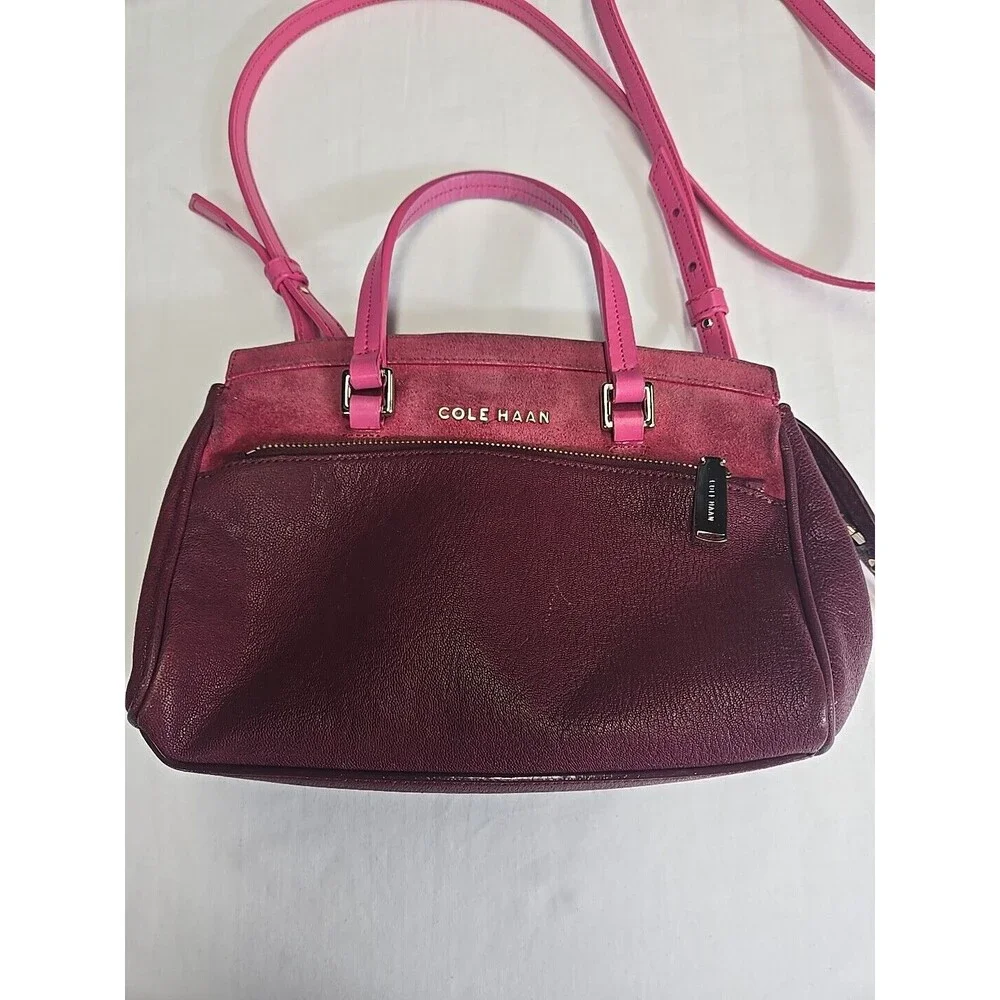 Cole Haan LINLEY Magenta Suede Leather Small Satchel Bag Purse Pink Gold Hardwar